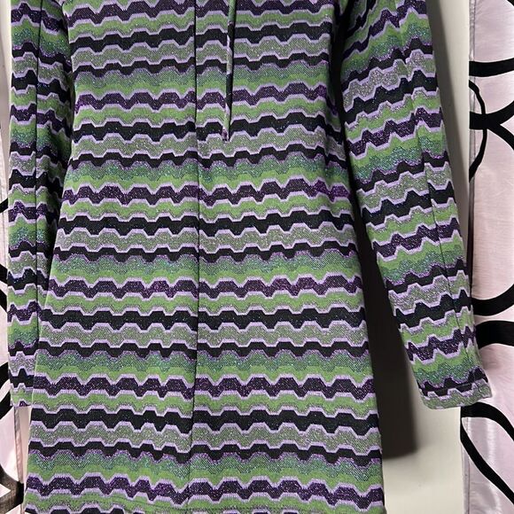 Vintage 90s Zara Green Purple Metallic Geo Striped Cutout Mini Dress Size M - Picture 8 of 11